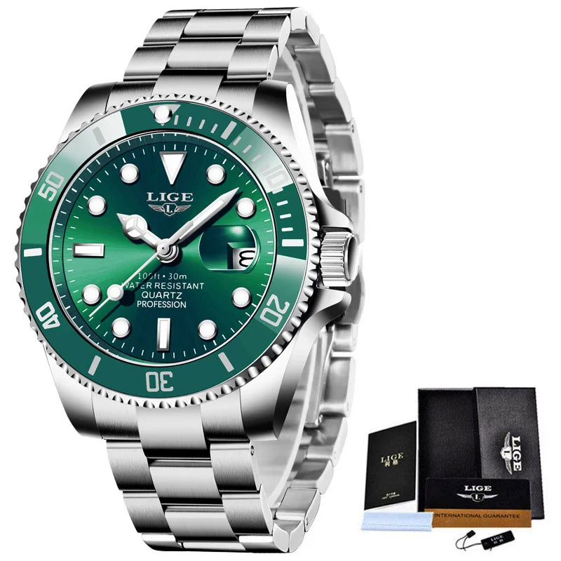 Relógio Masculino de Luxo Lige Green Submariner