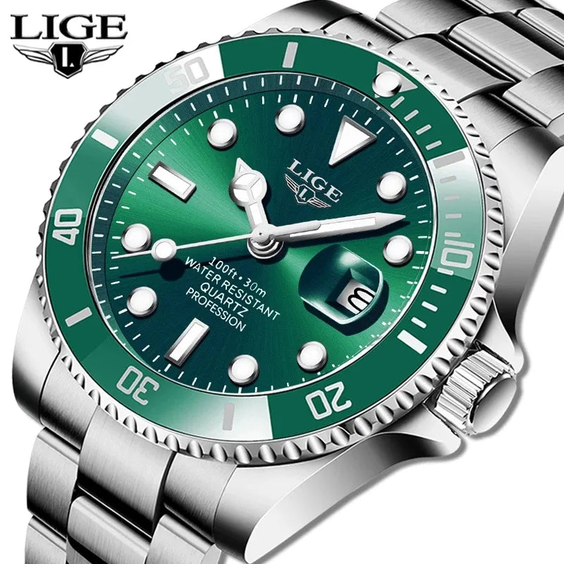 Relógio Masculino de Luxo Lige Green Submariner